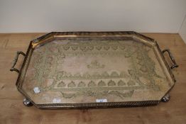 An Edwardian silver plated galleried drinks tray, by the Atkins Brothers, with engraved decoration
