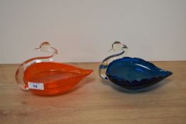 Two mid century art glass bowls in the form of swans.