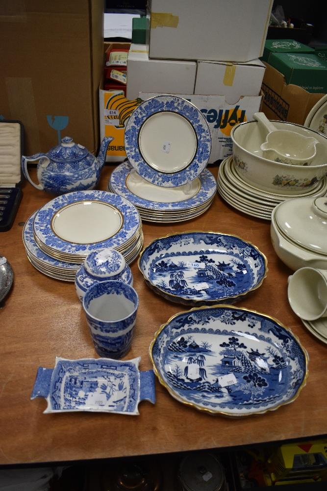 An assorted collection of blue and white ware, including Myott Son & Co. 'Ye Olde Willow'