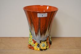 A 1930s Clarice Cliff vase, My Garden (flame) pattern, shape 675 with impressed mark, in red,
