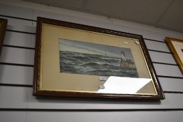 F.W. Ridley (20th Century), gouache, A lively seascape with lighthouse to the right, signed to the