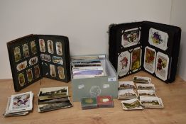 A box of mixed vintage postcards and cigarette cards, of tourist hotspots, some after landscape
