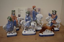 Six vintage Rye Pottery figure studies from the Canterbury tales The Guardsman, The Guardsmans Wife,