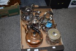 A 20th century copper kettle anda variety of plated items, including teapot, jug and glass biscuit