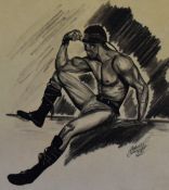 Artist Unknown (20th Century), a pen and ink, A portrait of a kickboxer tensing, signed indistinctly