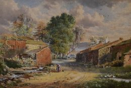 Reginald Aspinall (1858-1921), a watercolour, a rural farmyard scene depicting a lady watering