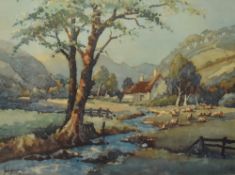 After George Ayling (1887-1960), a coloured print, A pastoral landscape with sheep grazing beside