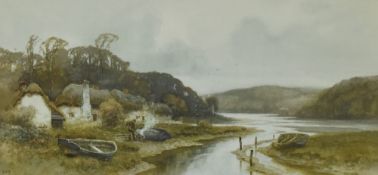 After Ernest William Haslehurst (1866-1949), a coloured print, a remote estuary scene with figure