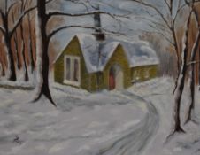 20th Century, an oil on canvas, A chapel within a winter woodland setting, an amateur