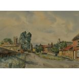 J.W Dyas (20th Century), a watercolour, A village scene with a row of houses and church in the