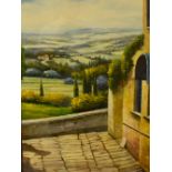 Artist Unknown (20th Century), an oil painting, A garden terrace with green fields beyond,
