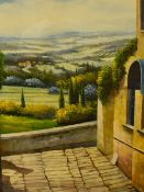 Artist Unknown (20th Century), an oil painting, A garden terrace with green fields beyond,