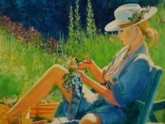 A.L.K (20th Century, British), an oil on canvas, A lady of leisure relaxing in the sun, signed and