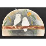 Chinese School, 20th Century, pottery art, Two owls sitting upon a branch, impressed character