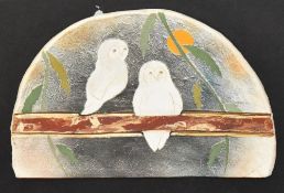 Chinese School, 20th Century, pottery art, Two owls sitting upon a branch, impressed character
