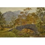 Ward Heys (19th Century, British), a watercolour, A woman contemplating on a stone arched bridge,