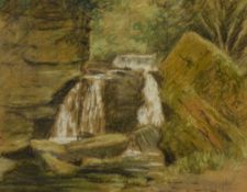 Artist Unknown (20th Century, British), chalk, A woodland waterfall study with green hues, signed