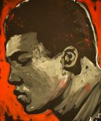 Dave Sharp (20th Century, contemporary), an oil on canvas, 'Ali', a live painting of the famous
