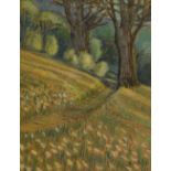 HCP (20th Century), pastel, two countryside landscapes, depicting a woodland path and a harvested