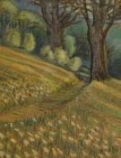 HCP (20th Century), pastel, two countryside landscapes, depicting a woodland path and a harvested