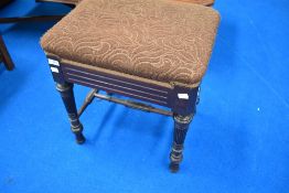 A 19th Century mahogany dressing table stool having vintage moquette upholstered seat