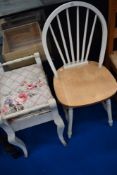 A hoop and stick back kitchen chair and a painted piano stool