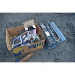 A metal toolbox and selection of tools, plus miscellaneous box of similar