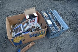 A metal toolbox and selection of tools, plus miscellaneous box of similar
