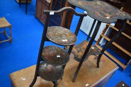 An early 20th pokerwork cake stand and similar occasional table