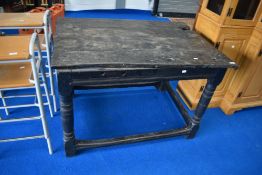 A Period oak altar or preparation table having plank top and turned frame, originally from Blackburn