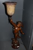 A late 19th Century French spelter table lamp, cold painted and in the form of a cherub, signed to