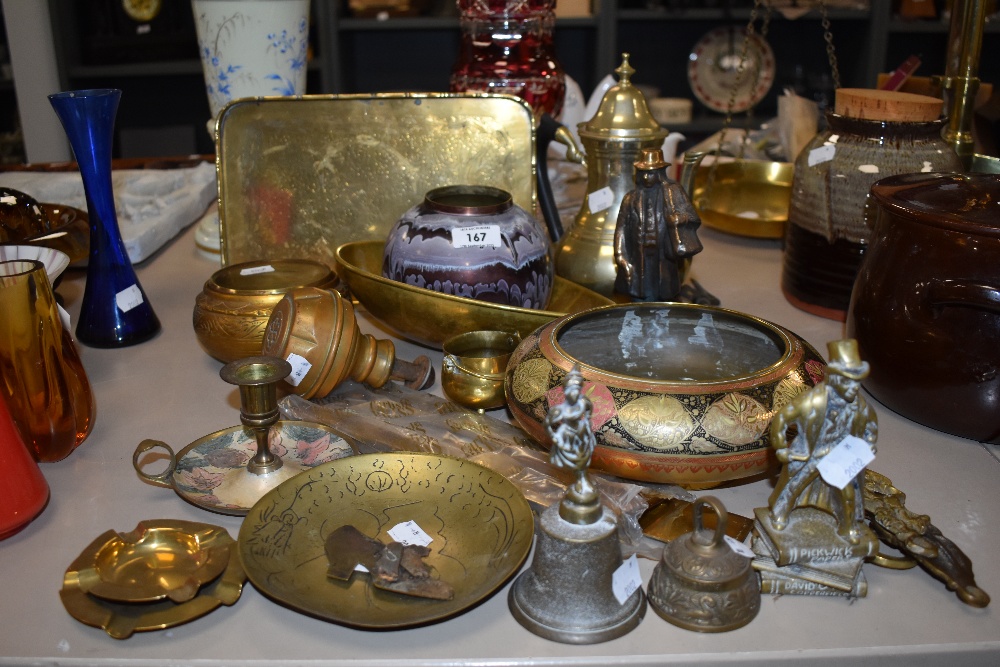 An assortment of brass wear and similar, including Pickwick paperweight, brass door knob, etched