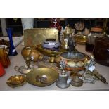 An assortment of brass wear and similar, including Pickwick paperweight, brass door knob, etched