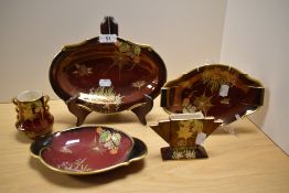 An assorted collection of Carlton Ware Rouge Royale, to comprise three dishes and two vases