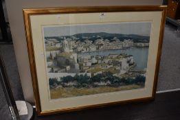 After Josep Maria Vayreda Canadell (1932-2001), a coloured print, Spanish coastal townscape, limited