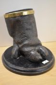 A Victorian taxidermy Hippopotamus Hippo foot mounted on a black circular wooden plinth with thick
