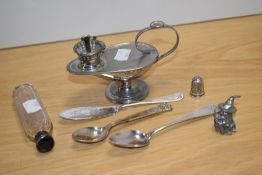A collection of silver and silver plated ware, to include a novelty pewter witch form thimble, a