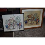 Two framed and glazed vintage embroideries, both depicting cottage and garden.