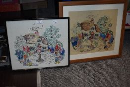 Two framed and glazed vintage embroideries, both depicting cottage and garden.