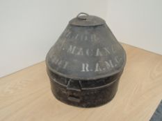 A vintage metal Helmet Case, black with white lettering, Major T T Macan, 185301 RAMC Dr Thomas