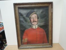 An oil on canvas, Victorian Military Sergeant wearing red jacket and black hat with gold band,