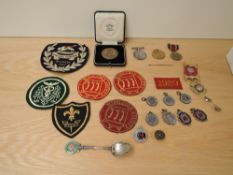 A collection of Military and Athletic Medals, Medallions and Cloth Badges including WWI Pair,