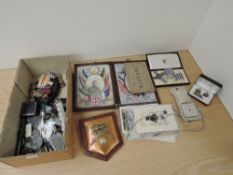 A box of Militaria including Reproduction Air Crew Europe Stars and Distinguished Flying Cross along