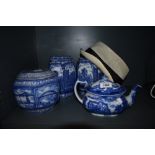 Three Rington's ltd tea caddies, one having no lid, a Malling blue and white tea pot