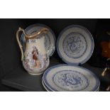 Four blue and white Chinese plates sold along with a large Prince Charlie jug (AF)