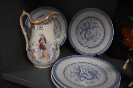 Four blue and white Chinese plates sold along with a large Prince Charlie jug (AF)
