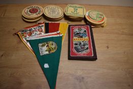 A small selection of vintage beer mats, banners and a vintage Stabilo pencil set.