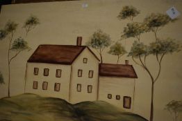 A contemporary painting on board depicting houses.