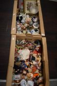 Two cartons of assorted items including Dolls of the World collection, framed floral embroidery,