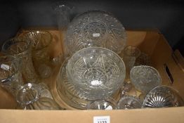 A carton of glassware including cake stand, vases and dishes etc